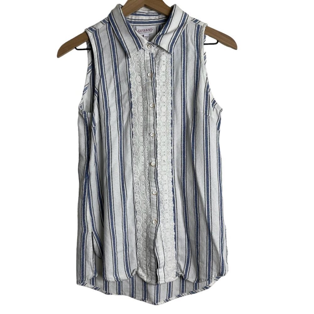 Shyanne Women’s Sleeveless Blue Stripe Lace Collar Blouse Small - Picture 1 of 10